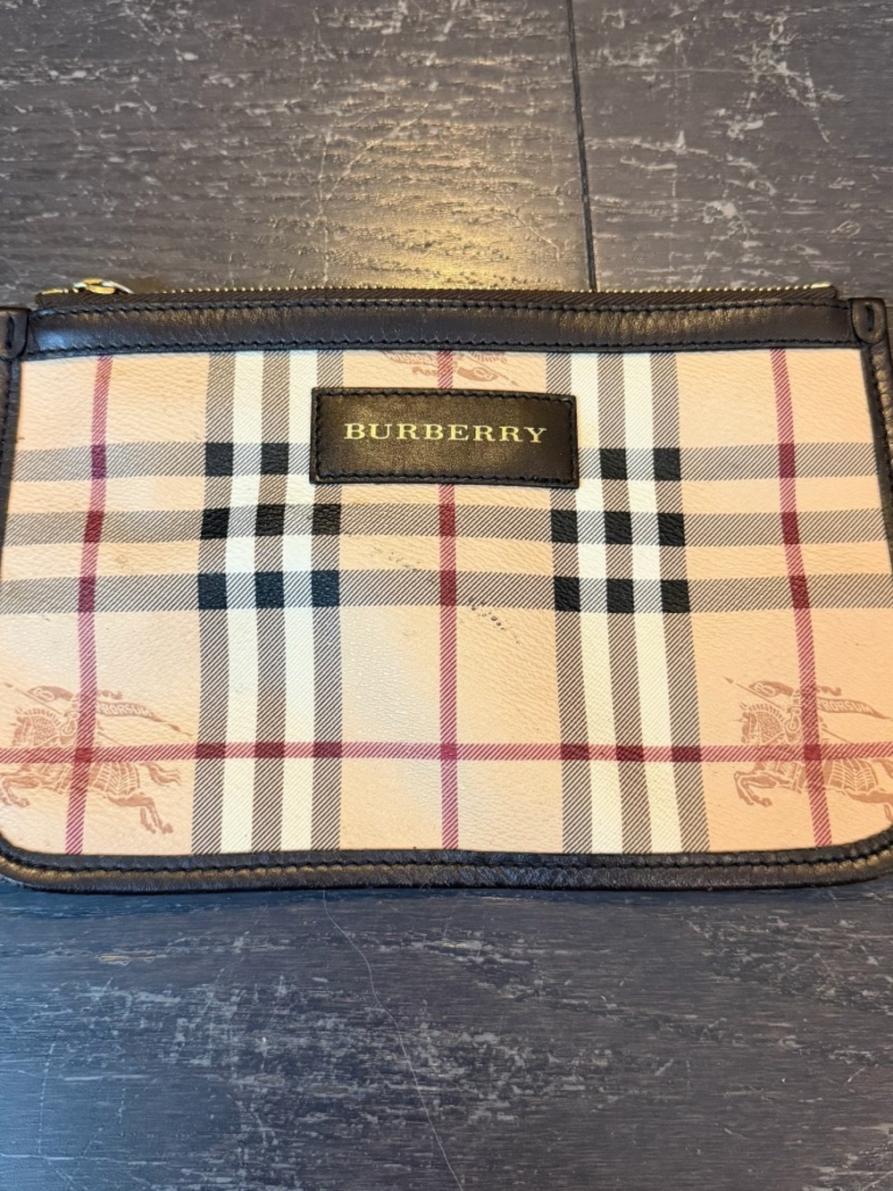 Burberry Nova Check Pouch Bag Beige Brown Leather Trim Zip Clutch 24cm classic